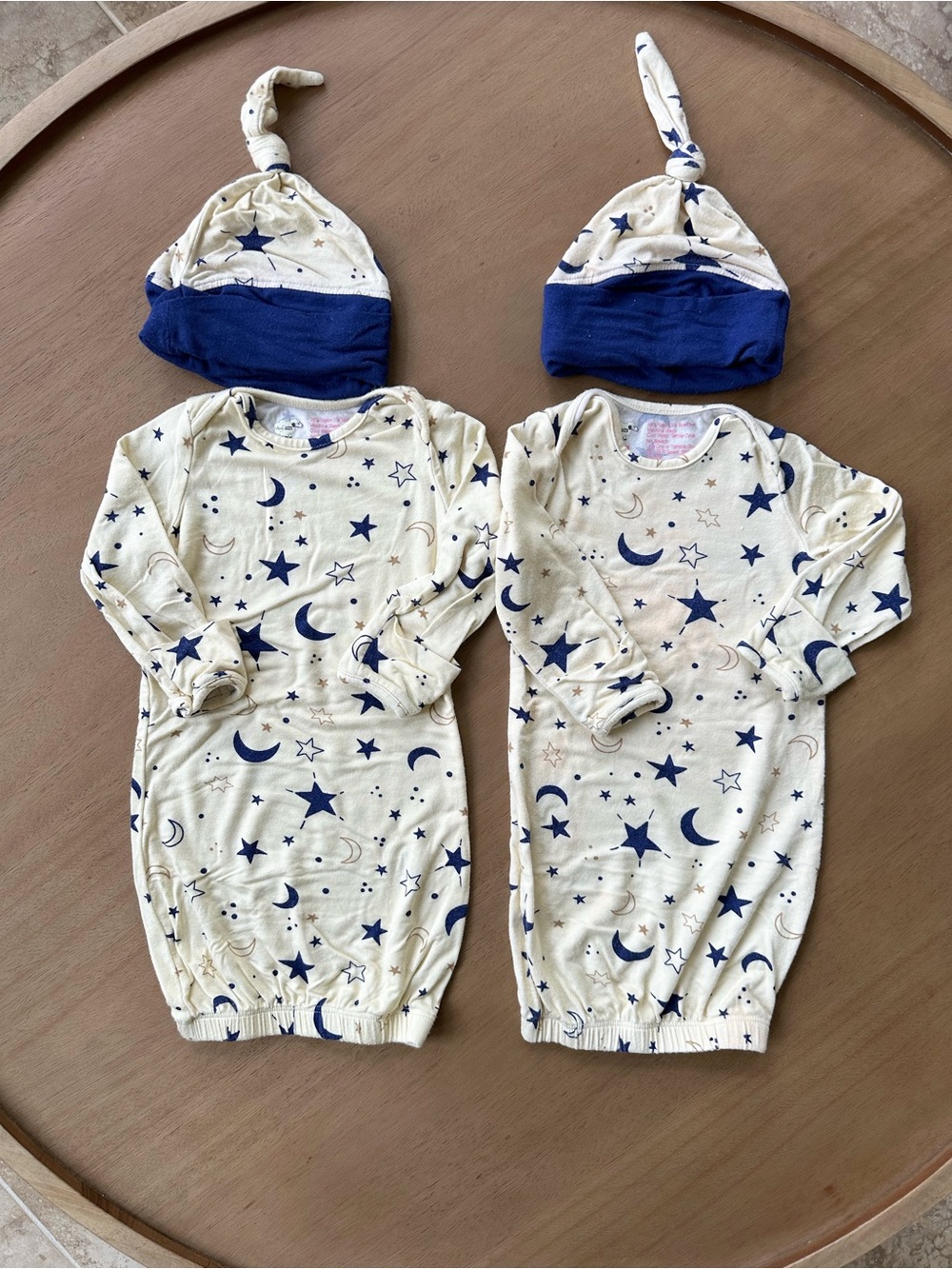 Two Baby Grey by Everly Grey gown-and-hat sets, 0-3M